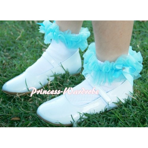Plain Style Pure White Socks with Light Blue Ruffles and Bow H182 